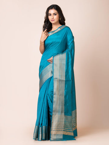 KAVVYA SOOTHING PEACOCK BLUE SOFT & LIGHT WEIGHT CELEBRITY THEME WEAVING SILK SAREE - KAVVYA 