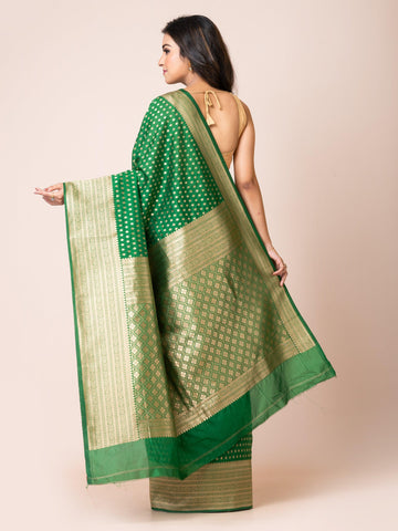 KAVVYA ELEGANT BOTTLE GREEN BANARSI WEAVING SILK SAREE - KAVVYA 