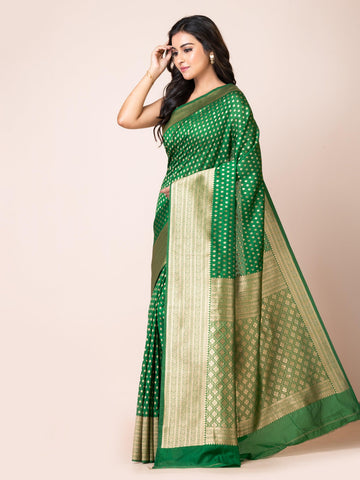 KAVVYA ELEGANT BOTTLE GREEN BANARSI WEAVING SILK SAREE - KAVVYA 