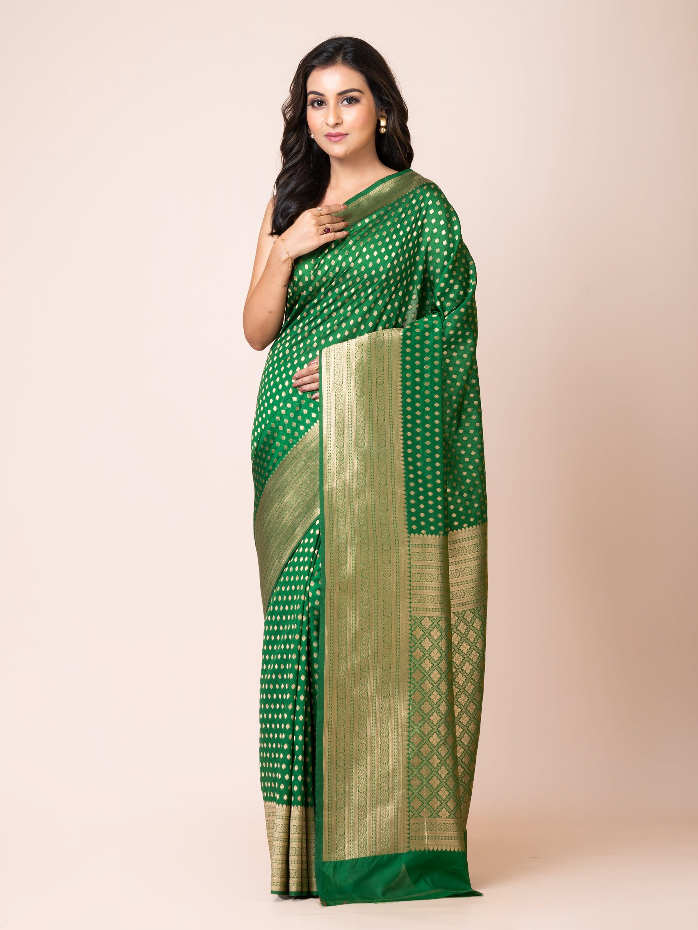 KAVVYA ELEGANT BOTTLE GREEN BANARSI WEAVING SILK SAREE - KAVVYA 