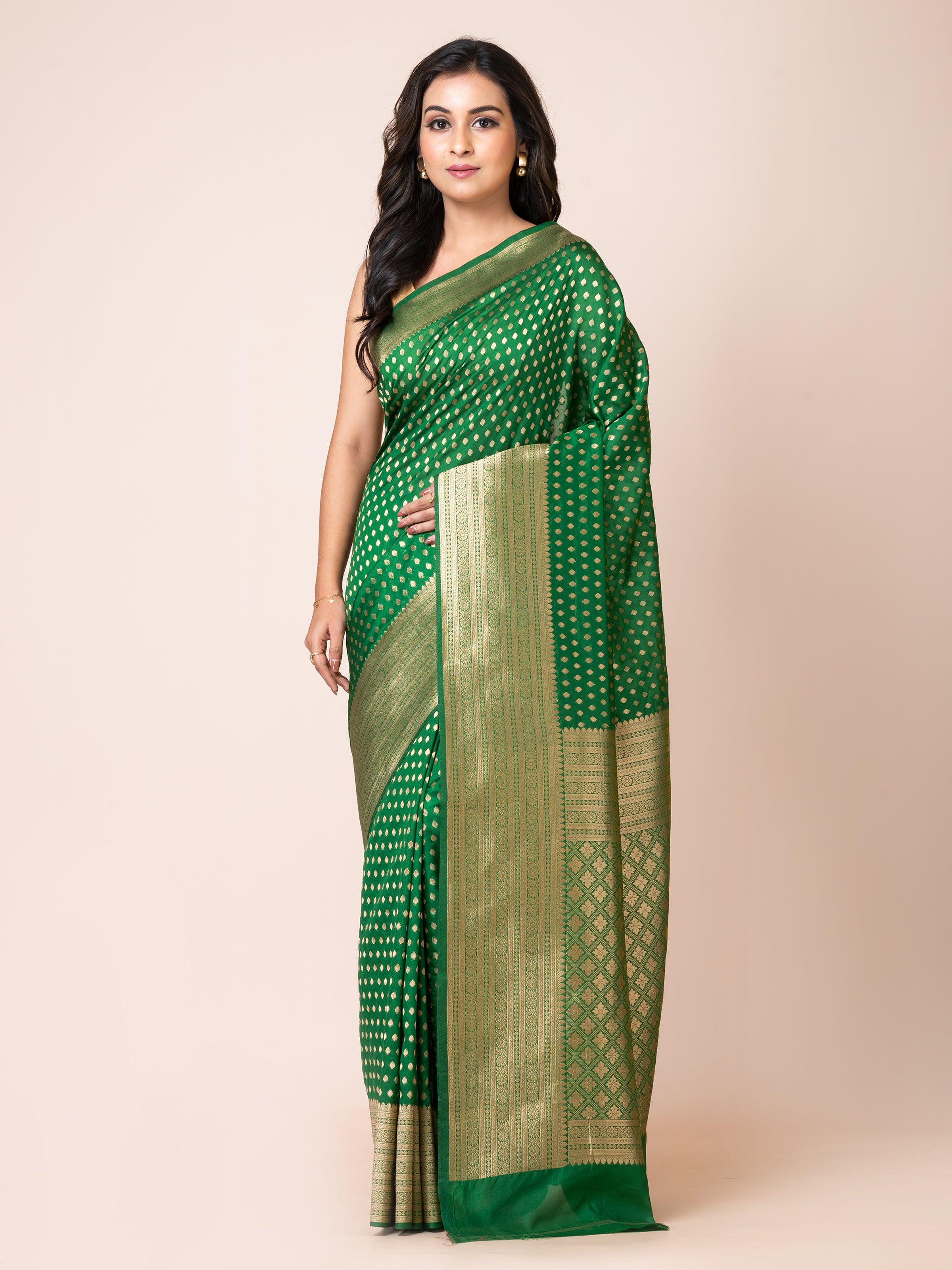 KAVVYA ELEGANT BOTTLE GREEN BANARSI WEAVING SILK SAREE - KAVVYA 