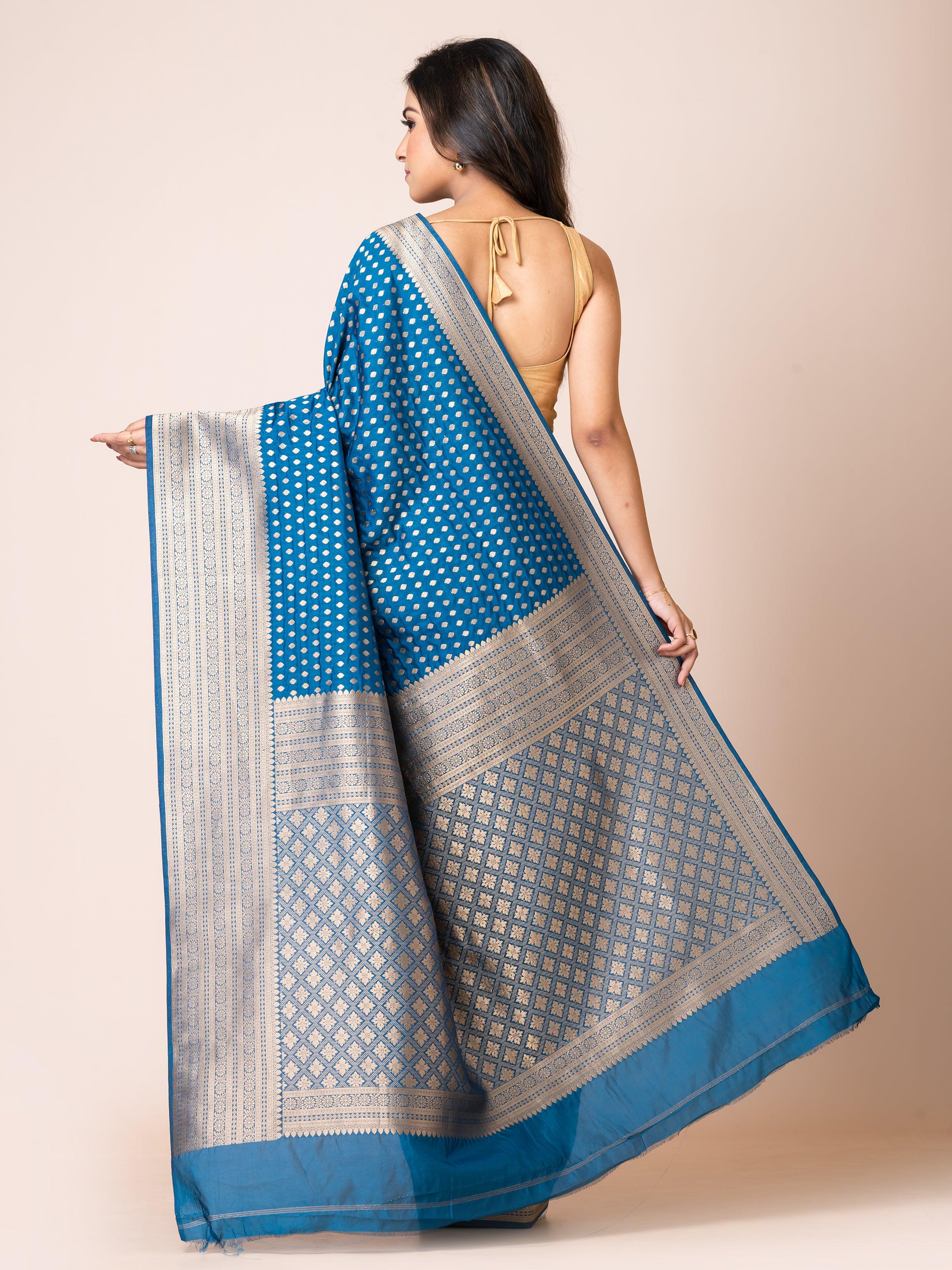 KAVVYA ELEGANT PETROL BLUE BANARSI WEAVING SILK SAREE - KAVVYA 