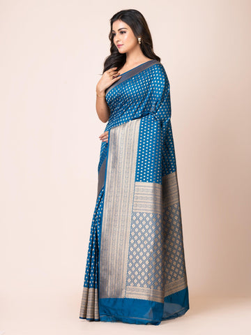 KAVVYA ELEGANT PETROL BLUE BANARSI WEAVING SILK SAREE - KAVVYA 