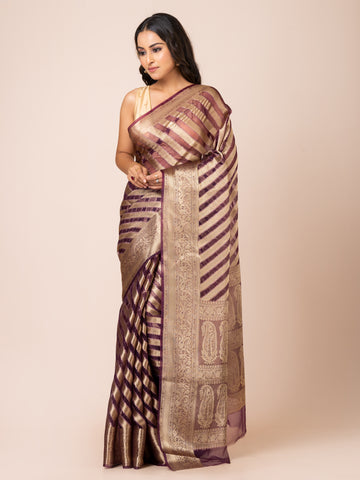 KAVVYA  SOFT & LIGHT WEIGHT DARK PURPLE ORGANZA SILK WEAVING SAREE