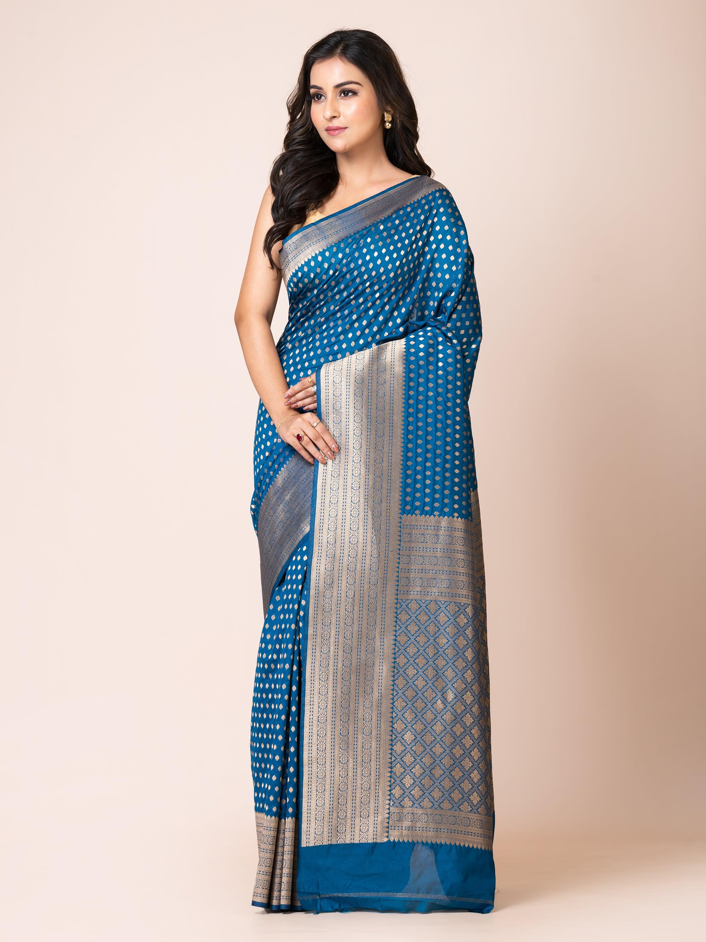 KAVVYA ELEGANT PETROL BLUE BANARSI WEAVING SILK SAREE - KAVVYA 