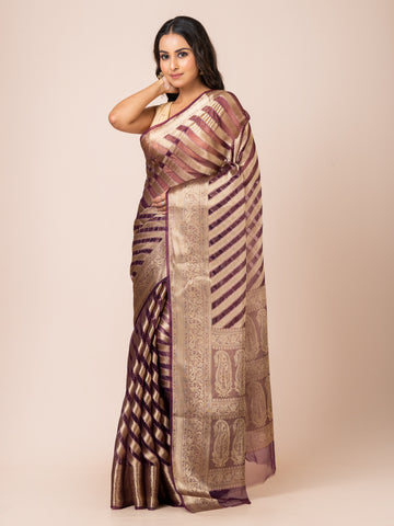 KAVVYA  SOFT & LIGHT WEIGHT DARK PURPLE ORGANZA SILK WEAVING SAREE