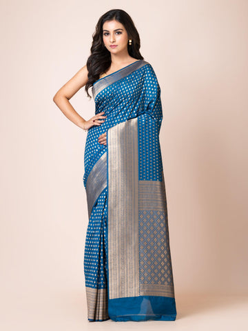 KAVVYA ELEGANT PETROL BLUE BANARSI WEAVING SILK SAREE - KAVVYA 