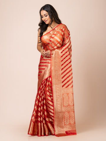 KAVVYA  SOFT & LIGHT WEIGHT RED ORGANZA SILK WEAVING SAREE