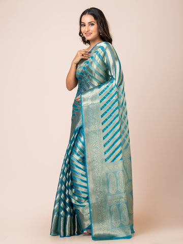 KAVVYA  SOFT & LIGHT WEIGHT YALE BLUE ORGANZA SILK WEAVING SAREE