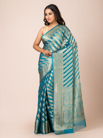 KAVVYA  SOFT & LIGHT WEIGHT YALE BLUE ORGANZA SILK WEAVING SAREE