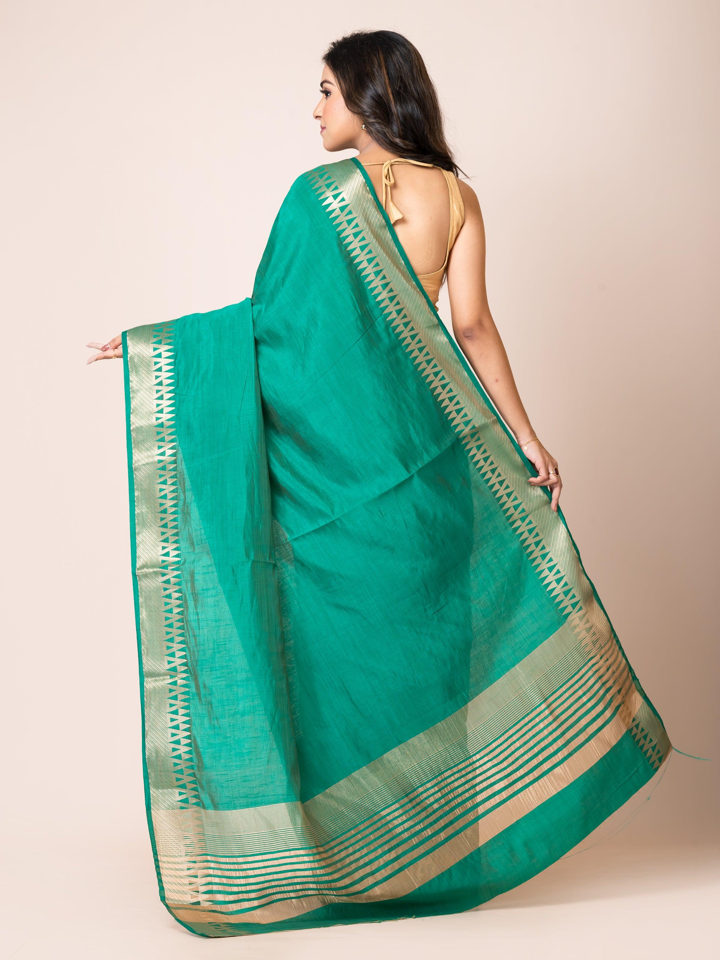 KAVVYA ELEGANT SOFT & LIGHTWEIGHT BOTTLE GREEN COLOR DESIGNER THEMED WEAVING SILK SAREE - KAVVYA 