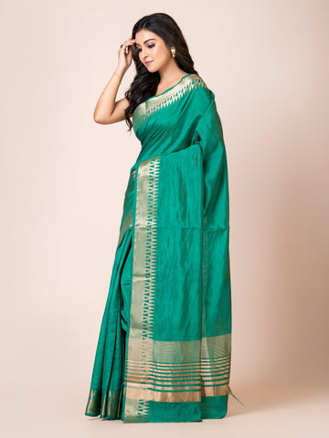 KAVVYA ELEGANT SOFT & LIGHTWEIGHT BOTTLE GREEN COLOR DESIGNER THEMED WEAVING SILK SAREE - KAVVYA 