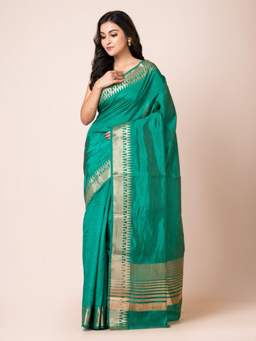 KAVVYA ELEGANT SOFT & LIGHTWEIGHT BOTTLE GREEN COLOR DESIGNER THEMED WEAVING SILK SAREE - KAVVYA 