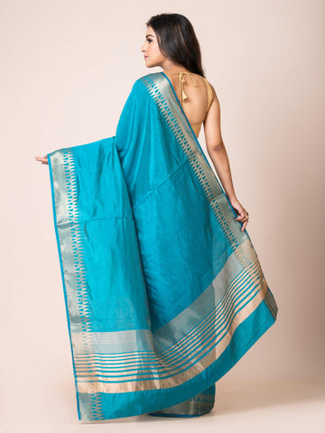 KAVVYA ELEGANT SOFT & LIGHTWEIGHT PEACOCK BLUE COLOR DESIGNER THEMED WEAVING SILK SAREE - KAVVYA 