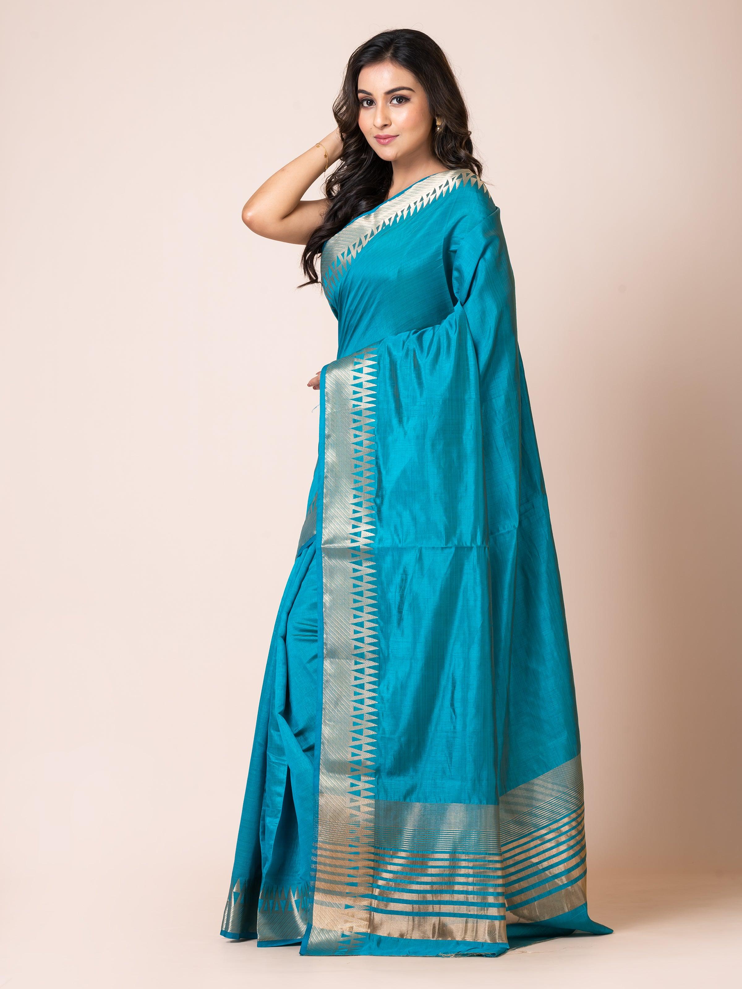 KAVVYA ELEGANT SOFT & LIGHTWEIGHT PEACOCK BLUE COLOR DESIGNER THEMED WEAVING SILK SAREE - KAVVYA 