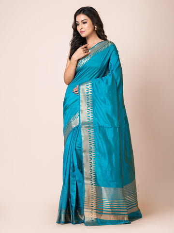 KAVVYA ELEGANT SOFT & LIGHTWEIGHT PEACOCK BLUE COLOR DESIGNER THEMED WEAVING SILK SAREE - KAVVYA 