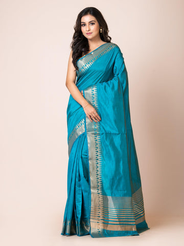 KAVVYA ELEGANT SOFT & LIGHTWEIGHT PEACOCK BLUE COLOR DESIGNER THEMED WEAVING SILK SAREE - KAVVYA 