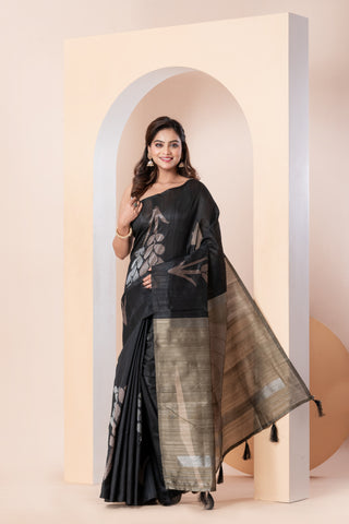 KAVVYA SOFT & LIGHT WEIGHT BOTTLE GREEN HANDLOOM WEAVED SAREE WITH BRONZE FLORAL MOTIF ALL OVER THE SAREE WITH CONTRAST OLIVE GREEN PALLU AND BLOUSE