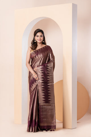 KAVVYA SOFT & LIGHT WEIGHT WINE HANDLOOM SAREE WITH ALLOVER GOLDEN ZARI WEAVING ,BIG TEMPLE BORDER AND PALLU COMES WITH SAME COLOUR HEAVY BLOU