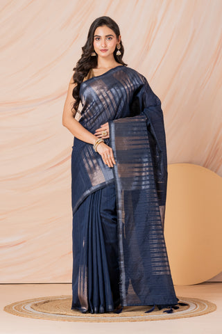 KAVVYA SOFT & LIGHT WEIGHT NAVY BLUE HANDLOOM  ROSE GOLD ZARI WEAVING SAREE IN TUSSAR FABRIC WITH BIG TEMPLE  MOTIFS ALLOVER THE SAREE