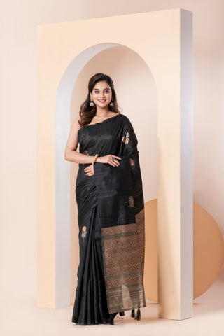 KAVVYA SOFT & LIGHT WEIGHT BLACK HANDLOON TUSSAR SAREE WITH SMALL FLORAL MOTIFS IN THE SAREE COMES WITH CONTRAST COLOUR BORDER AND BLOUSE