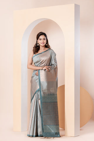 KAVVYA SOFT & LIGHT WEIGHT BLUR SILK SAREE WITH BEAUTIFUL GOLDEN AND SILVER ZARI WEAVING ABSTRACK MOTIFS ALL OVER THE SAREE WITH CONTRAST PURPLE BORDER AND PALLU COMES WITH PURPLE COLOUR BLOUSE