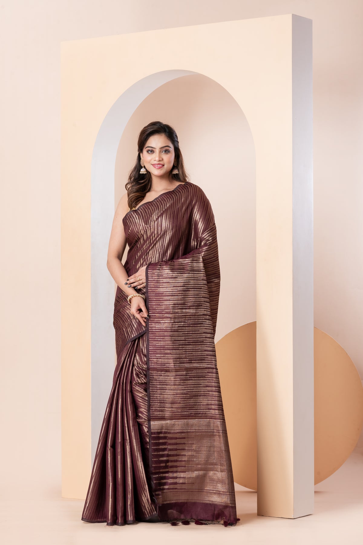 KAVVYA SOFT & LIGHT WEIGHT   WINE HANDLOOM SAREE WITH ALLOVER GOLDEN ZARI TEMPLE MOTIFS