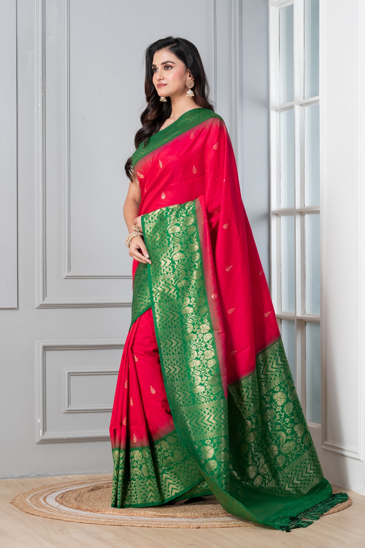 KAVVYA SOFT & LIGHT WEIGHT ROSE PINK SILK SAREE WITH CONTRAST GREEN BORDER