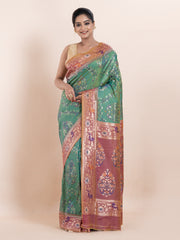 KAVVYA SOFT & LIGHT WEIGHT TWO TONE GREEN IKAT SILK SAREE