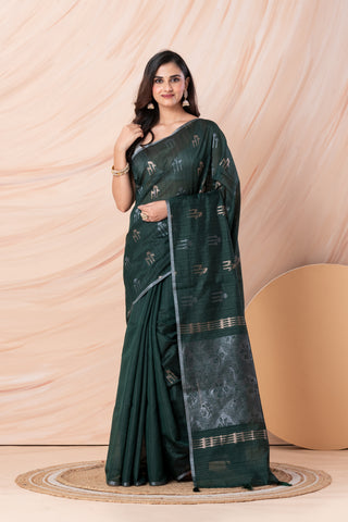 KAVVYA SOFT & LIGHT WEIGHT DARK GREEN HANDLOOM WEAVED TUSSAR SAREE WITH BEAUTIFUL MOTIF ALLOVER THE SAREE IN SILVER AND GOLDEN ZARI COMES WITH SAME COLOUR BLOUSE