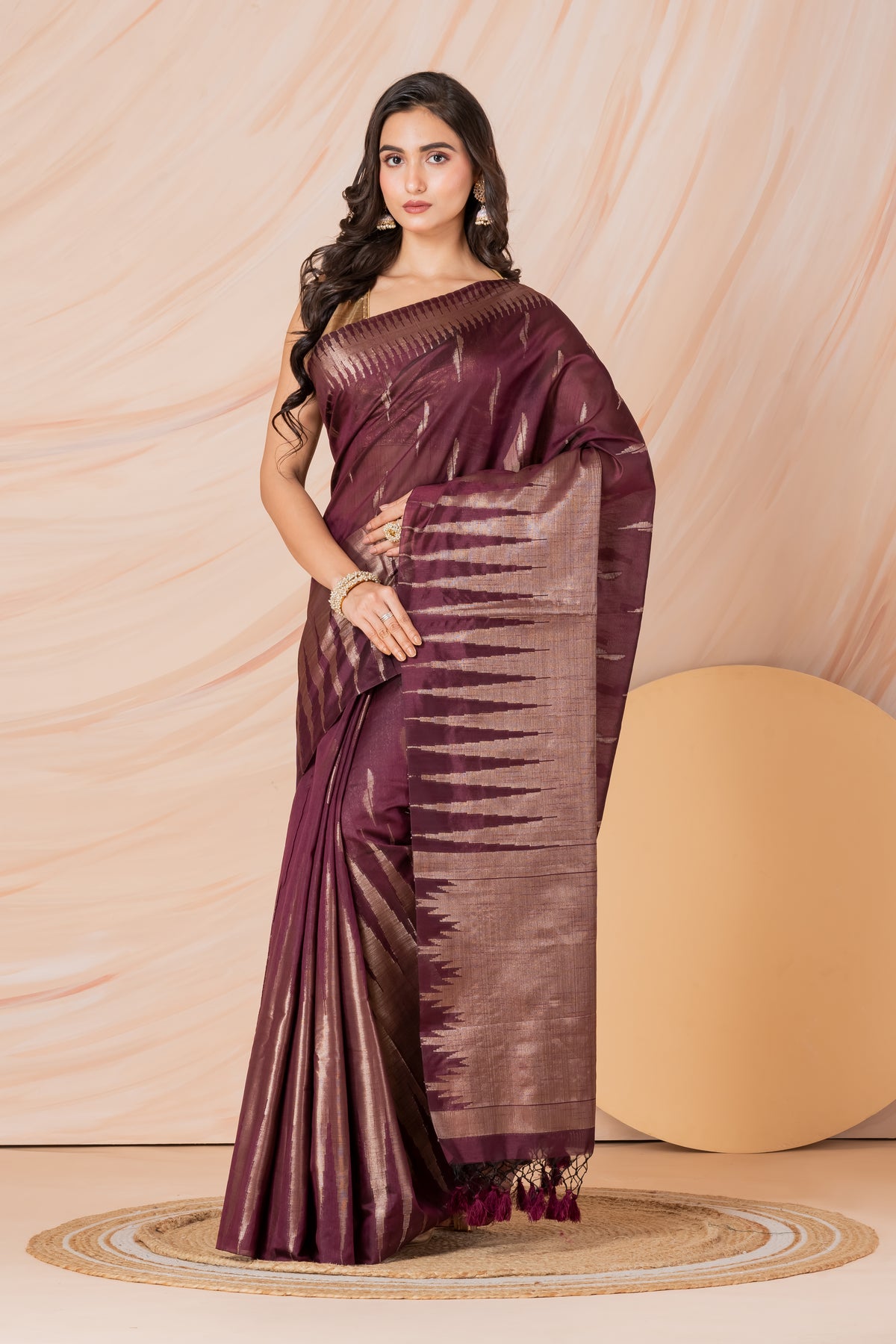 KAVVYA SOFT & LIGHT WEIGHT WINEHANDLOOM WEAVING LINEN SAREE WITH SILK ZARI WEAVING TEMPLE DESIGN ALL OVER THE SAREE WITH SAME COLOUR BLOUSE