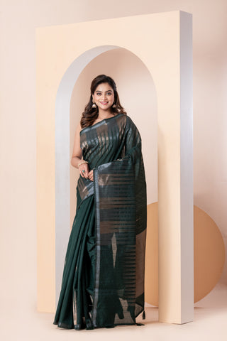 KAVVYA SOFT & LIGHT WEIGHT DARK GREEN HANDLOOM  ROSE GOLD ZARI WEAVING SAREE IN TUSSAR FABRIC WITH BIG TEMPLE  MOTIFS ALLOVER THE SAREE