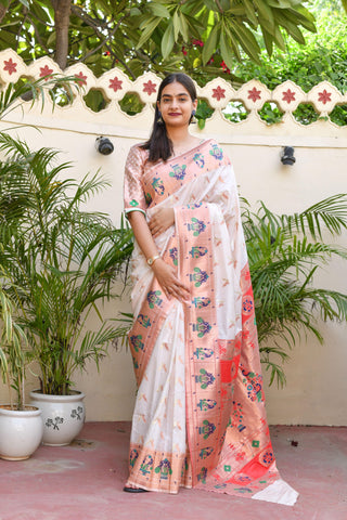 Kavvya White Soft & Lightweight Mulberry Silk Weaving Paithani Saree - KAVVYA 