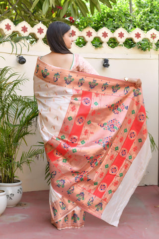 Kavvya White Soft & Lightweight Mulberry Silk Weaving Paithani Saree - KAVVYA 