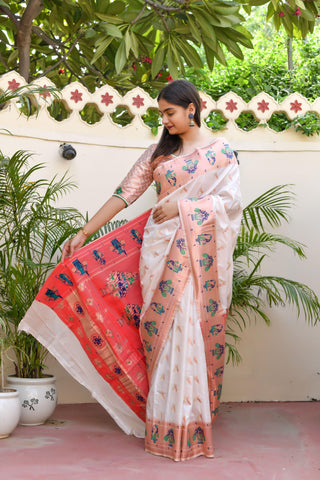 Kavvya White Soft & Lightweight Mulberry Silk Weaving Paithani Saree - KAVVYA 