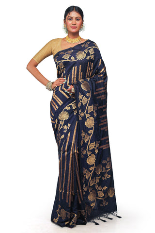 Kavvya Navy Blue Soft And Light Weight Raw Silk Weaving Saree - KAVVYA 