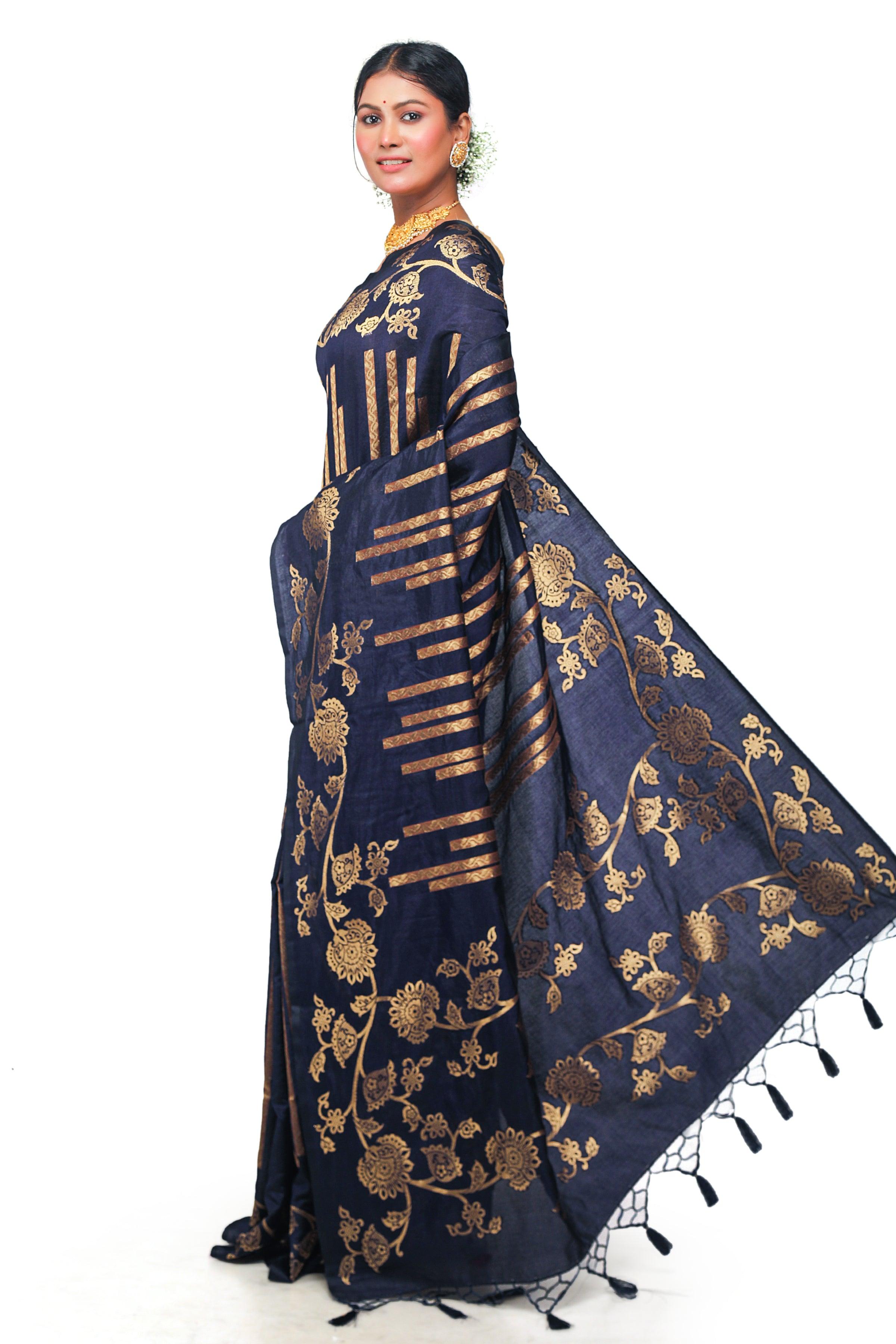 Kavvya Navy Blue Soft And Light Weight Raw Silk Weaving Saree - KAVVYA 