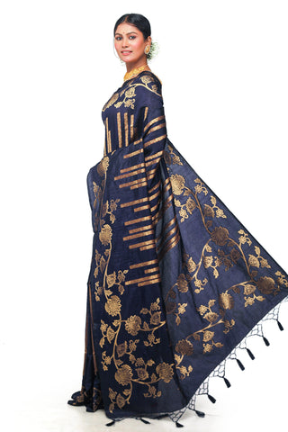 Kavvya Navy Blue Soft And Light Weight Raw Silk Weaving Saree - KAVVYA 