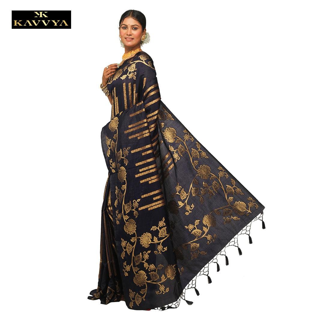 Kavvya Navy Blue Soft And Light Weight Raw Silk Weaving Saree - KAVVYA 