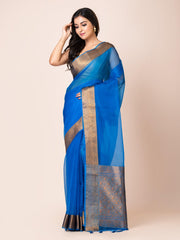 KAVVYA SOOTHING TEAL BLUE SOFT AND LIGHT WEIGHT BOLLYWOOD STYLE BENARASI ORGANZA WEAVING SILK SAREE - KAVVYA 