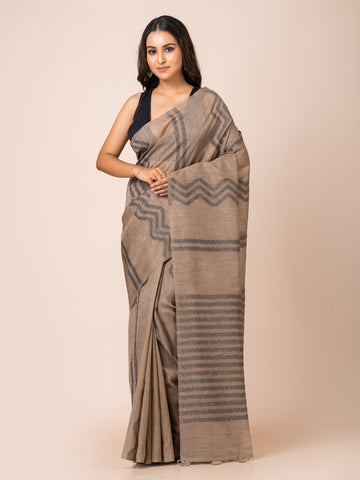 KAVVYA soft & lightweight GREY color linen handloom weaving silk saree