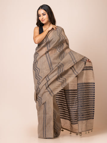 KAVVYA soft & lightweight GREY color linen handloom weaving silk saree