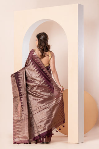 KAVVYA SOFT & LIGHT WEIGHT WINE HANDLOOM SAREE WITH ALLOVER GOLDEN ZARI WEAVING ,BIG TEMPLE BORDER AND PALLU COMES WITH SAME COLOUR HEAVY BLOU