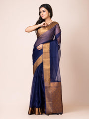 KAVVYA SOOTHING INDIGO BLUE SOFT AND LIGHT WEIGHT BOLLYWOOD STYLE BENARASI ORGANZA WEAVING SILK SAREE - KAVVYA 