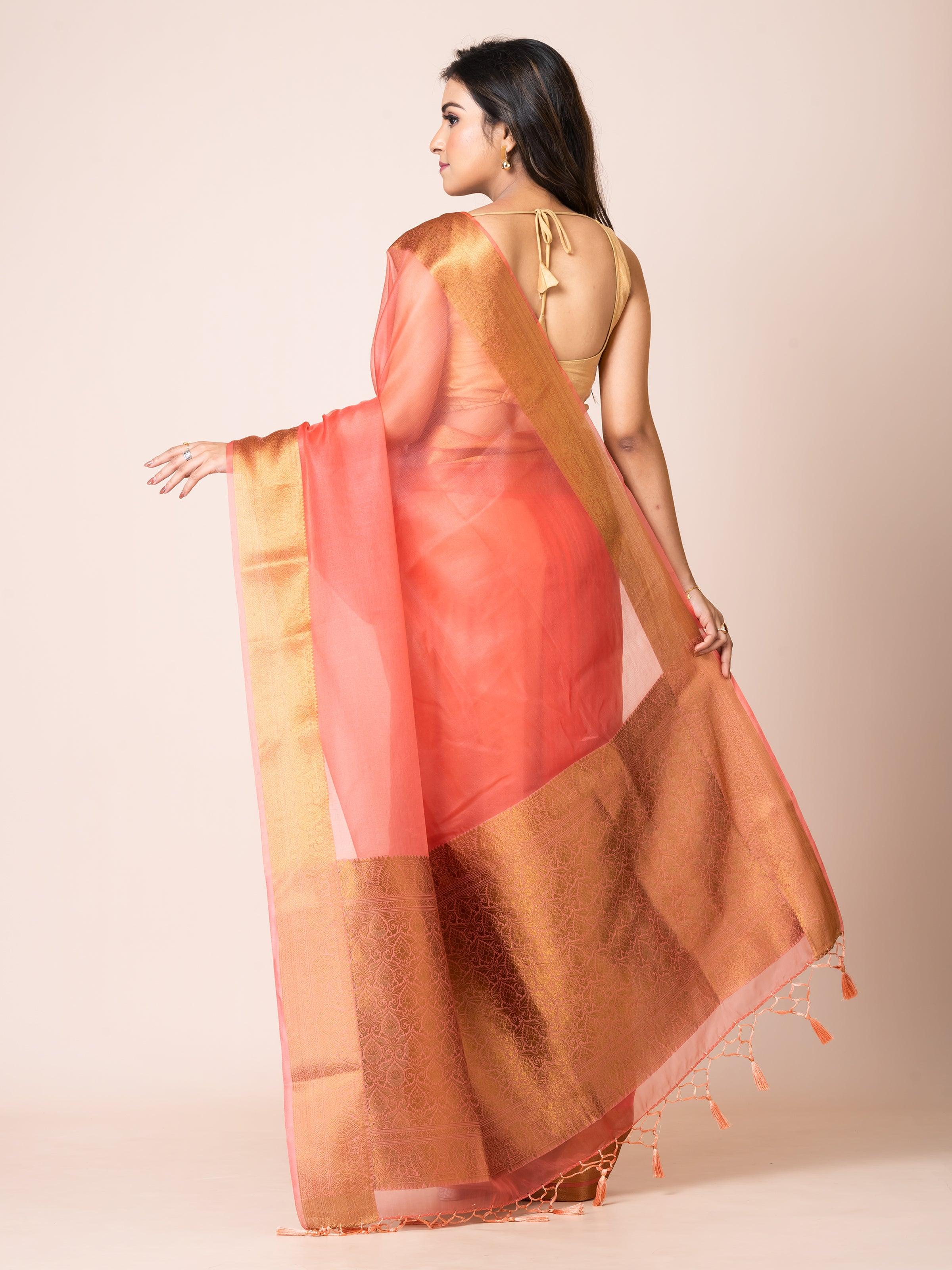 KAVVYA SOOTHING PEACH SOFT AND LIGHT WEIGHT BOLLYWOOD STYLE BENARASI ORGANZA WEAVING SILK SAREE - KAVVYA 