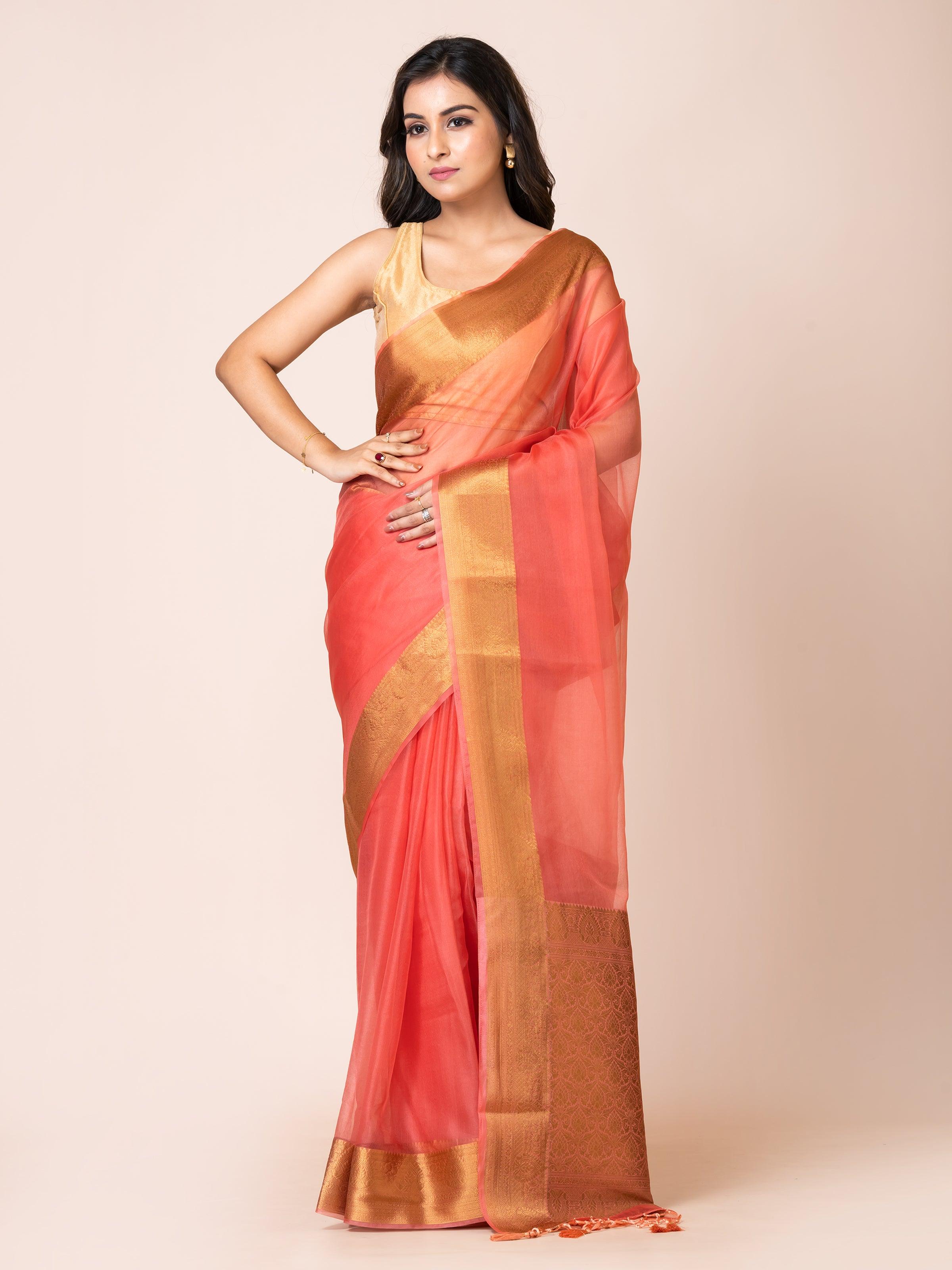 KAVVYA SOOTHING PEACH SOFT AND LIGHT WEIGHT BOLLYWOOD STYLE BENARASI ORGANZA WEAVING SILK SAREE - KAVVYA 