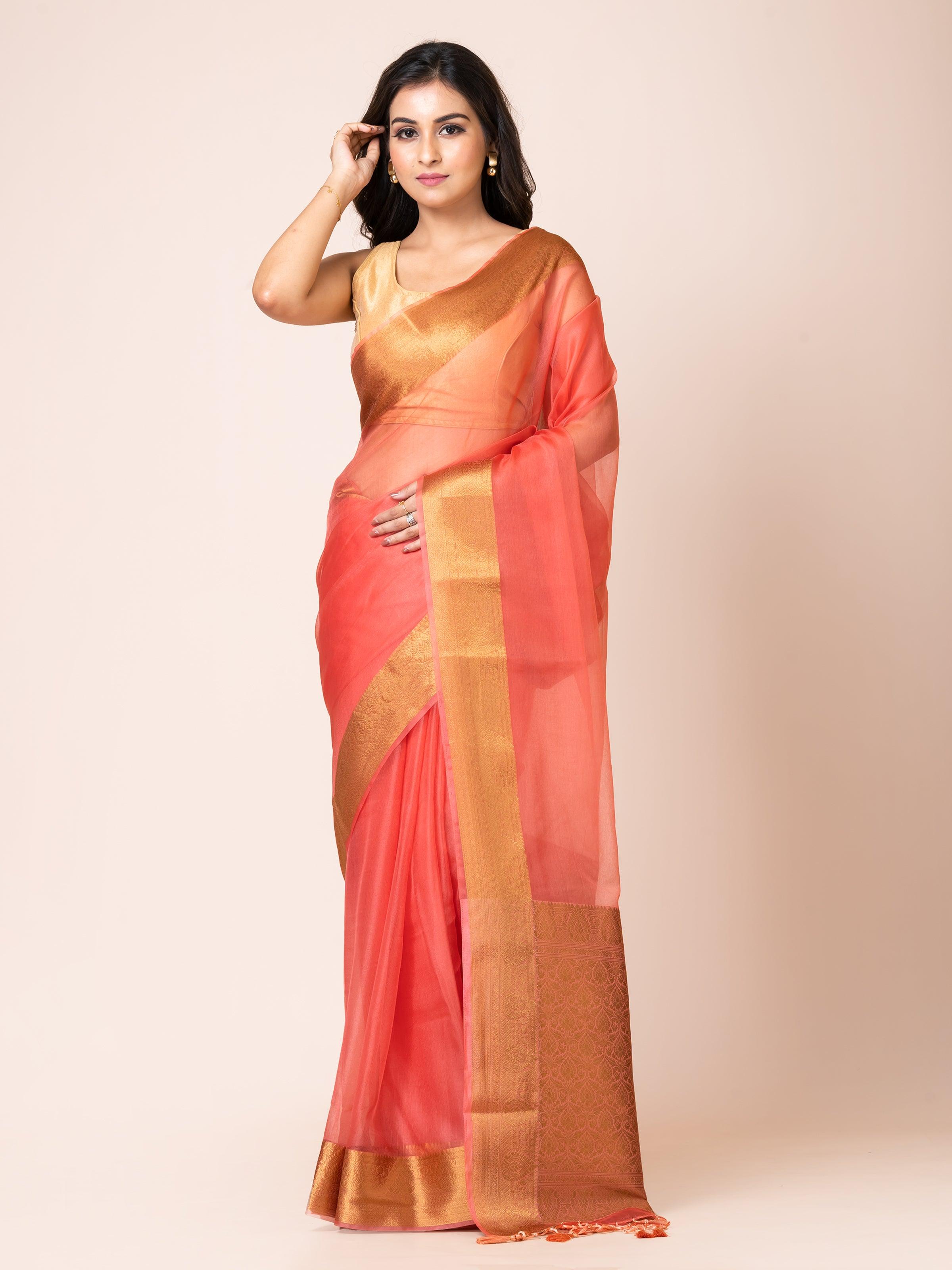 KAVVYA SOOTHING PEACH SOFT AND LIGHT WEIGHT BOLLYWOOD STYLE BENARASI ORGANZA WEAVING SILK SAREE - KAVVYA 