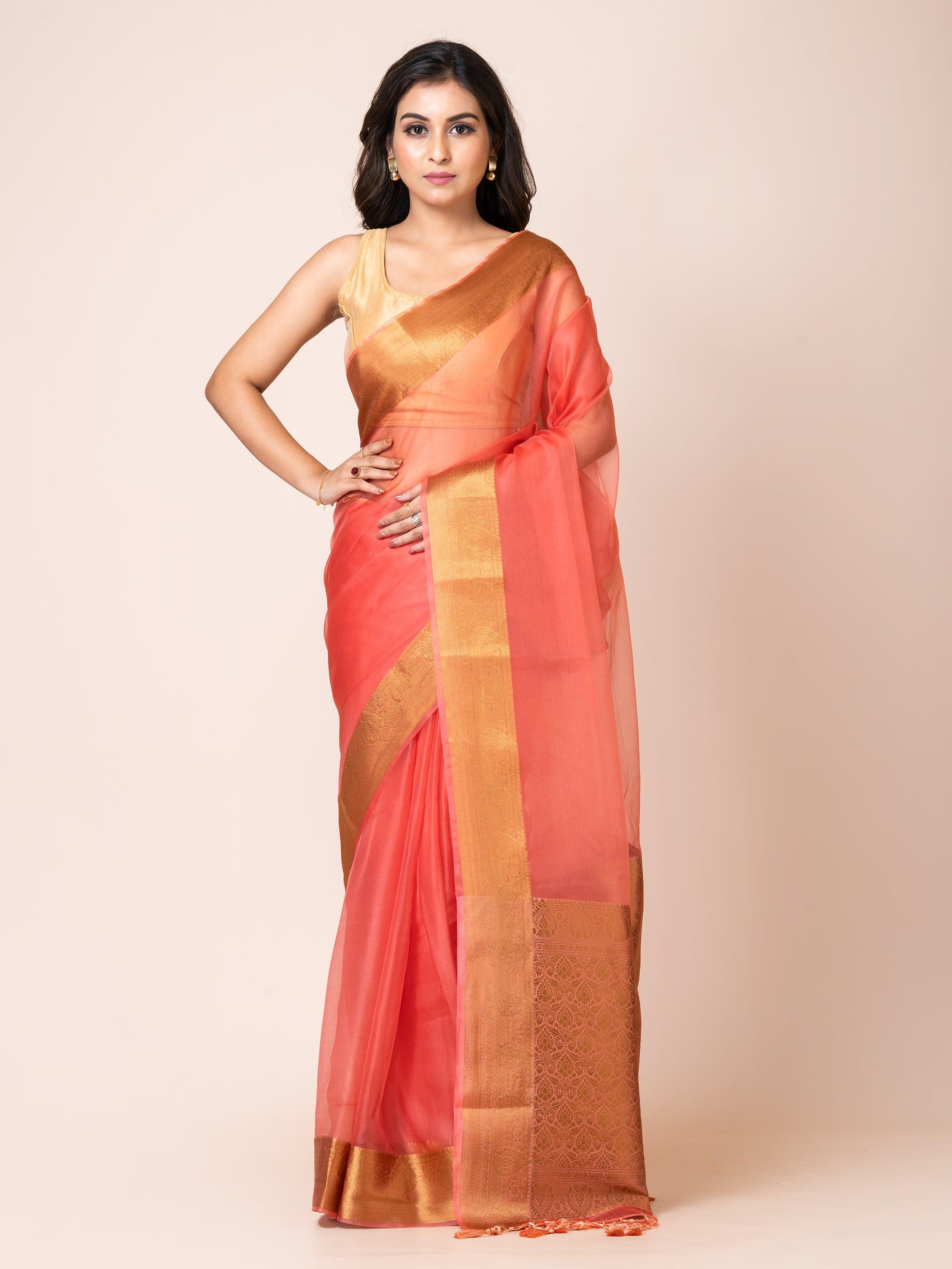 KAVVYA SOOTHING PEACH SOFT AND LIGHT WEIGHT BOLLYWOOD STYLE BENARASI ORGANZA WEAVING SILK SAREE - KAVVYA 