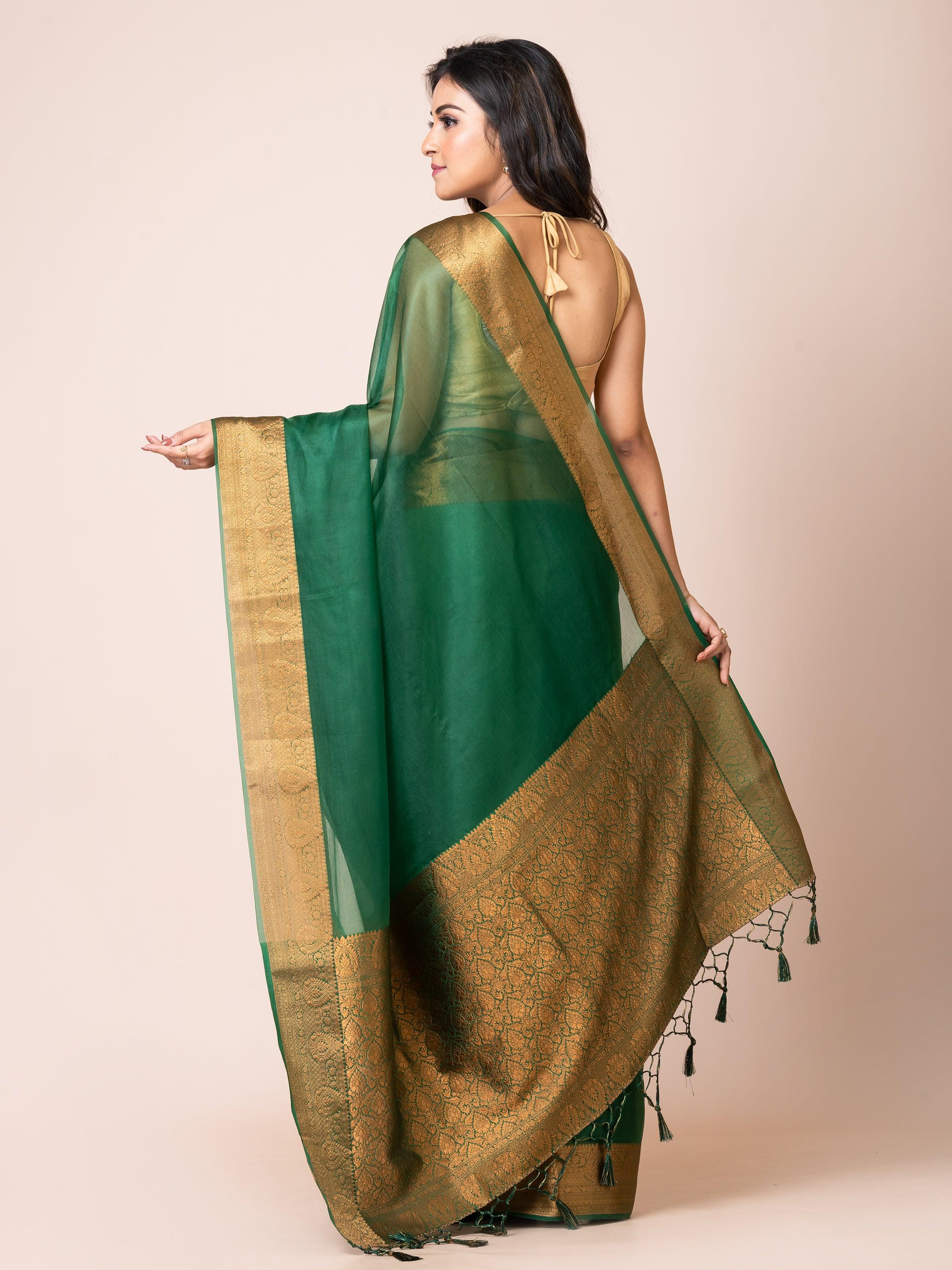 KAVVYA SOOTHING DEEP GREEN SOFT AND LIGHT WEIGHT BOLLYWOOD STYLE BENARASI ORGANZA WEAVING SILK SAREE - KAVVYA 