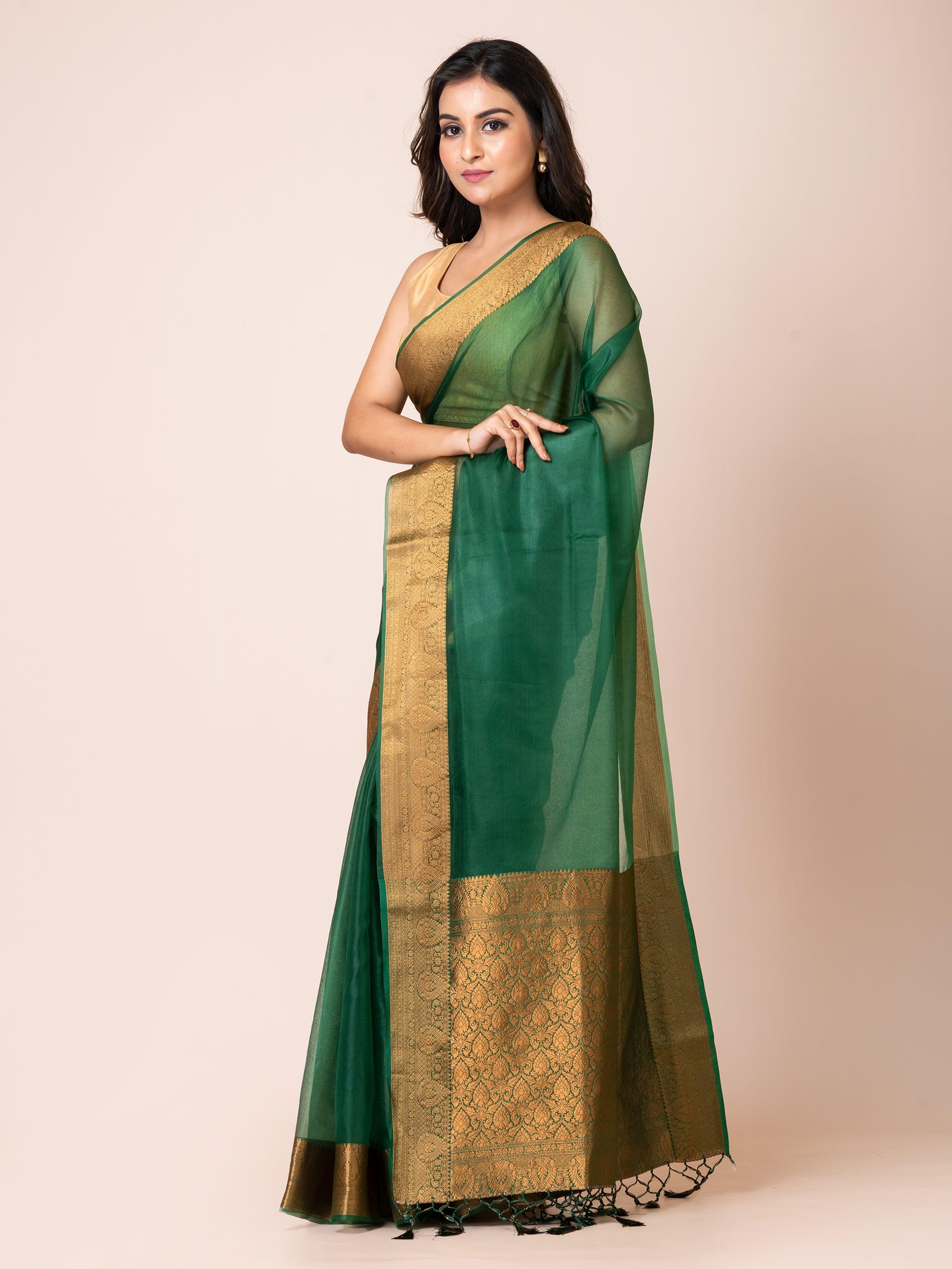 KAVVYA SOOTHING DEEP GREEN SOFT AND LIGHT WEIGHT BOLLYWOOD STYLE BENARASI ORGANZA WEAVING SILK SAREE - KAVVYA 